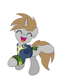 Size: 774x1032 | Tagged: safe, artist:drawponies, oc, oc only, oc:littlepip, pony, unicorn, fallout equestria, clothes, cute, eyes closed, fanfic, fanfic art, female, glee, happy, hooves, horn, joyful, jumpsuit, mare, open mouth, pipbuck, simple background, solo, transparent background, vault suit
