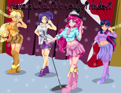 Size: 4529x3473 | Tagged: safe, artist:arteses-canvas, applejack, pinkie pie, rarity, twilight sparkle, human, g4, pinkie pride, belly button, belly piercing, bellyring, boots, clothes, dancing, grin, humanized, light skin, looking at you, make a wish, midriff, peace sign, piercing, scene interpretation, skirt, smiling, wink