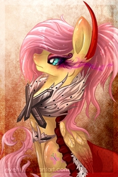 Size: 500x750 | Tagged: safe, artist:evehly, fluttershy, g4, colored horn, corrupted, corrupted element of harmony, corrupted element of kindness, curved horn, female, horn, queen fluttershy, severed horn, solo, sombra eyes, sombra's cape, sombra's horn, sombra's robe