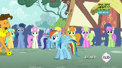 Size: 660x371 | Tagged: safe, screencap, blues, carrot top, cheese sandwich, cherry berry, daisy, flower wishes, golden harvest, merry may, minuette, noteworthy, rainbow dash, royal riff, sunshower raindrops, twinkleshine, earth pony, pegasus, pony, g4, pinkie pride, animated, bipedal, cheese, female, hook, male, mare, stallion