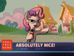 Size: 1593x1206 | Tagged: safe, artist:derkrazykraut, edit, sweetie belle, pony, unicorn, g4, absolutely disgusting, female, foal free press, microphone, news, news report, nice, parody, reaction image, solo