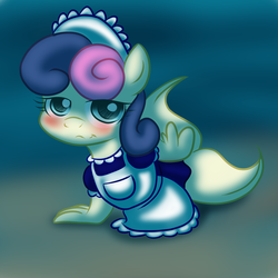 Size: 2000x2000 | Tagged: safe, artist:kloudmutt, artist:okami-ano-usagi, bon bon, sweetie drops, sea pony, g4, blushing, bon bon is not amused, clothes, female, maid, ocean, solo, species swap, swimming, underwater, water