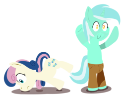 Size: 2000x1592 | Tagged: safe, artist:okami-ano-usagi, bon bon, lyra heartstrings, sweetie drops, earth pony, pony, unicorn, g4, bipedal, clothes, cow tipping, pants, simple background, smiling, transparent background