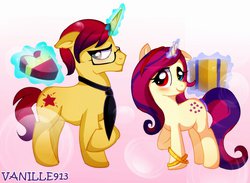 Size: 1045x765 | Tagged: safe, artist:spookyle, oc, oc only, pony, unicorn, female, glasses, hearts and hooves day, heterochromia, magic, male, straight