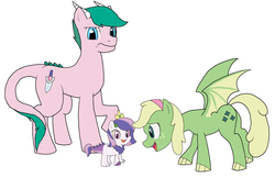 Size: 5100x3300 | Tagged: safe, artist:bico-kun, oc, oc only, bat pony, dracony, hybrid, pony, cousins, interspecies offspring, offspring, parent:oc:anthea, parent:oc:crystal clarity, parent:oc:prince illusion, parent:oc:turquoise blitz, parents:oc x oc, simple background, white background