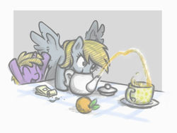 Size: 900x675 | Tagged: safe, artist:onkelscrut, derpy hooves, dinky hooves, pegasus, pony, g4, drink, equestria's best mother, female, mare, orange, puffy cheeks, table, tea, teacup, teapot, trick