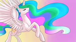 Size: 1920x1080 | Tagged: safe, artist:richardinya, princess celestia, g4, eyes closed, female, flowing mane, gradient background, profile, smiling, solo