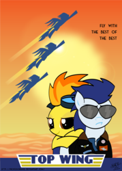 Size: 1175x1638 | Tagged: safe, artist:professorbasil, soarin', spitfire, g4, clothes, crossover, duo, movie poster, parody, sunglasses, top gun