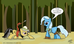 Size: 1862x1120 | Tagged: safe, artist:professorbasil, daring do, trixie, snake, g4, clothes, duo, mouth hold, slingshot, spear, weapon