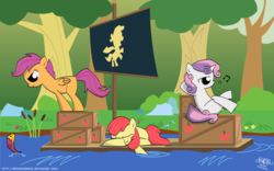 Size: 2520x1575 | Tagged: safe, artist:professorbasil, apple bloom, scootaloo, sweetie belle, fish, g4, cutie mark crusaders, raft, river