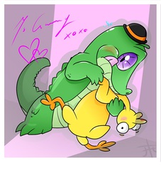 Size: 1600x1760 | Tagged: dead source, safe, artist:tilly-towell, boneless, gummy, alligator, g4, pinkie pride, abstract background, cargo ship, crack shipping, dancing, hat, rubber chicken, shipping, signature