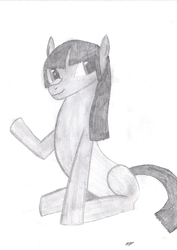 Size: 2481x3509 | Tagged: safe, artist:ed-skar, oc, oc only, earth pony, pony, monochrome, sitting, solo, traditional art