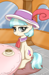 Size: 530x809 | Tagged: safe, artist:puetsua, coco pommel, earth pony, pony, g4, cafe, coffee, cute, female, hat, solo