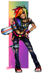 Size: 896x1579 | Tagged: safe, artist:ddhew, rainbow dash, human, g4, belly button, clothes, female, humanized, moderate dark skin, out of frame, skateboard, solo, torn clothes