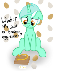 Size: 800x985 | Tagged: safe, artist:moemneop, lyra heartstrings, g4, conspiracy lyra, egg, existential crisis, female, floppy ears, frown, lyre, meme, sad, sitting, solo