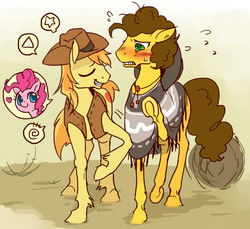Size: 640x586 | Tagged: safe, artist:pasikon, braeburn, cheese sandwich, pinkie pie, earth pony, pony, g4, pinkie pride, blushing, burned cheese, clothes, male, pictogram, speech bubble, stallion