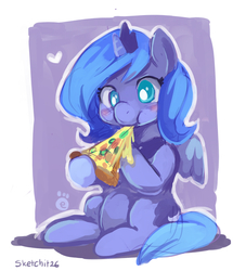 Size: 750x874 | Tagged: safe, artist:ende26, princess luna, alicorn, pony, g4, 30 minute art challenge, cute, eating, female, filly, food, meat, pepperoni, pepperoni pizza, pizza, ponies eating meat, solo, woona