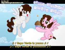 Size: 1017x786 | Tagged: safe, artist:shinta-girl, oc, oc only, oc:shinta pony, duo, happy birthday, spanish