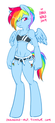 Size: 405x900 | Tagged: safe, artist:onnanoko, rainbow dash, anthro, unguligrade anthro, g4, belly button, female, hooves, solo