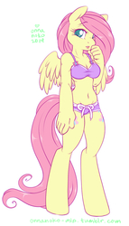 Size: 515x900 | Tagged: safe, artist:onnanoko, fluttershy, anthro, unguligrade anthro, g4, belly button, bra, cleavage, clothes, female, hooves, panties, purple underwear, simple background, solo, underwear, white background