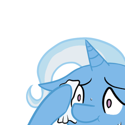 Size: 700x700 | Tagged: safe, trixie, pony, unicorn, g4, :t, female, floppy ears, mare, popped a molly, reaction image, simple background, solo, sweat, sweating towel guy, white background, wide eyes