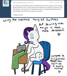 Size: 680x780 | Tagged: safe, artist:moonblizzard, rarity, g4, ask, female, pedal, pedal pump, pedaling, rarity answers, sewing, sewing machine, solo, tumblr