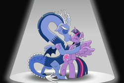 Size: 4500x3000 | Tagged: safe, artist:drako1997, discord, twilight sparkle, alicorn, draconequus, pony, g4, three's a crowd, blue flu, dancing, female, high res, kissing, male, mare, pun, ship:discolight, shipping, spotlight, straight, tango, twilight sparkle (alicorn)