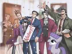 Size: 715x535 | Tagged: safe, maud pie, earth pony, ghost, human, pony, g4, my little pony: friendship is magic, pinkie pride, ace attorney, dick gumshoe, exploitable meme, female, filly, filly maud pie, larry butz, maya fey, meme, mia fey, miles edgeworth, phoenix wright, the ghost of obsidian pie