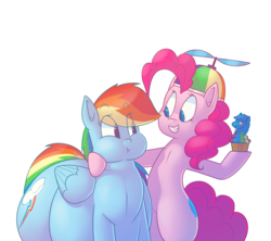 Size: 865x767 | Tagged: safe, artist:secretgoombaman12345, pinkie pie, rainbow dash, ask chubby diamond, g4, pinkie pride, cupcake, duo, fat, female, food, hat, larger female, mare, propeller hat, rainblob dash, size difference, smaller female