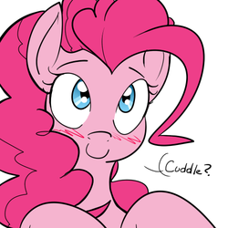 Size: 500x500 | Tagged: dead source, safe, artist:reiduran, pinkie pie, earth pony, pony, g4, blushing, bronybait, bust, c:, cuddling, cute, dialogue, diapinkes, female, looking at you, mare, portrait, simple background, smiling, solo, white background