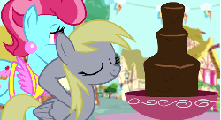 Size: 534x292 | Tagged: safe, screencap, applejack, carrot cake, cheese sandwich, cup cake, derpy hooves, rarity, earth pony, pegasus, pony, unicorn, g4, pinkie pride, animated, chocolate, chocolate fountain, cute, derpabetes, female, food, fountain, happy, male, mare, spread wings, stallion