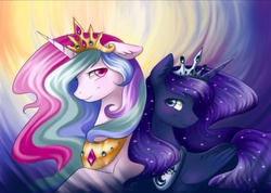 Size: 1024x729 | Tagged: safe, artist:mausefang, princess celestia, princess luna, alicorn, pony, g4, blushing, bust, colored pupils, duo, ear fluff, female, floppy ears, looking at you, mare, portrait, sisters, smiling, wingding eyes