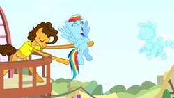 Size: 1920x1080 | Tagged: safe, screencap, cheese sandwich, rainbow dash, g4, pinkie pride, animation error, cute, dashabetes, out of context