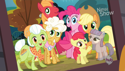 Size: 1440x810 | Tagged: safe, edit, edited screencap, screencap, apple bloom, applejack, big macintosh, goldie delicious, granny smith, maud pie, pinkie pie, earth pony, ghost, pony, g4, pinkie pride, hub logo, male, stallion, the ghost of obsidian pie