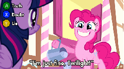Size: 576x324 | Tagged: safe, pinkie pie, twilight sparkle, alicorn, pony, pinkie pride, animated, disapproval, doubt, female, l.a. noire, mare, parody, smiling, twilight sparkle (alicorn), video game, watering can