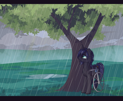 Size: 1800x1484 | Tagged: safe, artist:margony, oc, oc only, arctic burn, disabled, rain, scenery, solo, tree, wheelchair