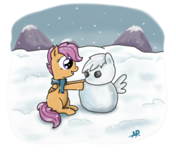 Size: 1160x1000 | Tagged: safe, artist:sgtgarand, scootaloo, g4, clothes, female, scarf, snow, snowfall, snowpony, solo, winter