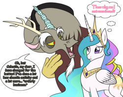 Size: 602x480 | Tagged: safe, artist:weirdofish, discord, princess celestia, alicorn, draconequus, pony, g4, comic, concerned, duo, duo male and female, female, grey text, jewelry, male, mare, pink text, regalia, simple background, talking, text, transparent background