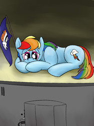 Size: 1280x1707 | Tagged: dead source, safe, artist:writtenwaiver, rainbow dash, pony, g4, crying, denver broncos, female, flag, sad, solo, super bowl, television, wingless