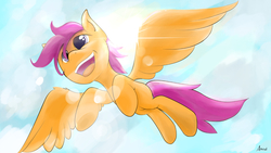 Size: 1920x1080 | Tagged: safe, artist:hajijack520, scootaloo, pegasus, pony, g4, blank flank, cloud, female, filly, flying, lens flare, scootaloo can fly, signature, sky, smiling, solo, sun