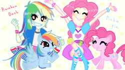 Size: 717x404 | Tagged: safe, artist:nanase, pinkie pie, rainbow dash, human, equestria girls, g4, female, human ponidox, lesbian, pixiv, ship:pinkiedash, shipping, square crossover