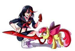 Size: 1200x823 | Tagged: safe, artist:kunaike, apple bloom, earth pony, pony, g4, belly button, crossover, female, filly, foal, kill la kill, mouth hold, ryuko matoi, senketsu, sweat, sweatdrop, sword, this will end in tears, weapon