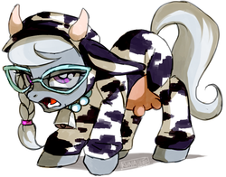 Size: 900x707 | Tagged: safe, artist:kunaike, silver spoon, cow, g4, animal costume, clothes, costume, cowbell, female, filly, kigurumi, silver moo, solo, udder