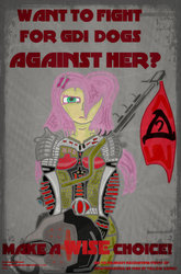 Size: 1087x1649 | Tagged: safe, artist:lunarinitiate, fluttershy, human, g4, brotherhood of nod, command and conquer, female, global defense initiative, humanized, pony coloring, poster, propaganda, solo