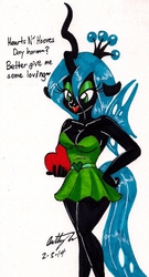 Size: 798x1481 | Tagged: safe, artist:newyorkx3, queen chrysalis, anthro, g4, breasts, busty queen chrysalis, cleavage, clothes, dress, eyeshadow, female, makeup, solo, traditional art, valentine's day