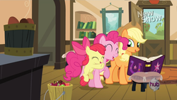 Size: 1440x810 | Tagged: safe, screencap, apple bloom, applejack, pinkie pie, earth pony, pony, g4, pinkie apple pie, hug