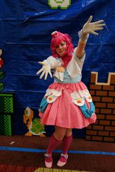 Size: 640x960 | Tagged: artist needed, safe, pinkie pie, human, g4, 2012, akicon, clothes, convention, cosplay, dress, gala dress, gloves, irl, irl human, photo, solo, super mario bros.