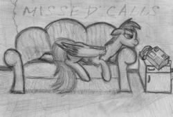 Size: 1156x784 | Tagged: safe, artist:athlete-grizzle, rainbow dash, g4, couch, female, monochrome, phone, solo, traditional art