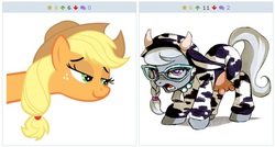 Size: 515x277 | Tagged: safe, applejack, silver spoon, cow, pony, derpibooru, g4, clothes, costume, cowbell, exploitable meme, imminent milking, juxtaposition, juxtaposition win, looking, meme, meta, silver moo, udder