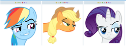 Size: 472x171 | Tagged: safe, applejack, rainbow dash, rarity, derpibooru, g4, derp face, exploitable meme, juxtaposition, juxtaposition win, looking, meme, meta, simple background, vector, white background